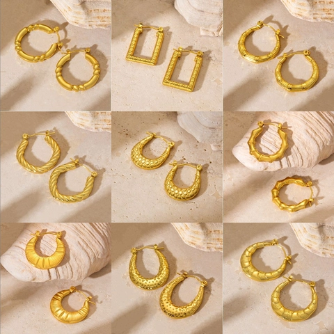 Vintage Gold Alloy Hoop Earrings For Women Minimalist Geometric Textured Bamboo Twisted Greek Key Design Fashion Jewelry Gift