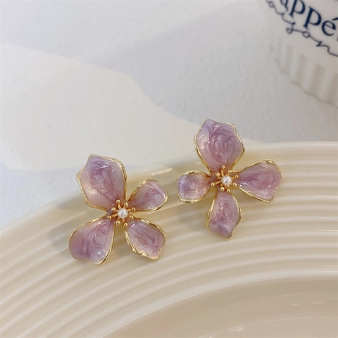 Süße Legierung Blumen Ohrstecker Für Damen Rosa Lila Emaille Blumen Mit Künstliche Perle Goldfarbener Schmuck