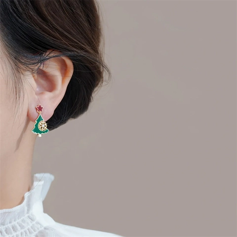 Christmas Tree Drop Earrings With 925 Sterling Silver Earring Post Alloy Enamel Snowflake Zirconia Earrings For Women Holiday