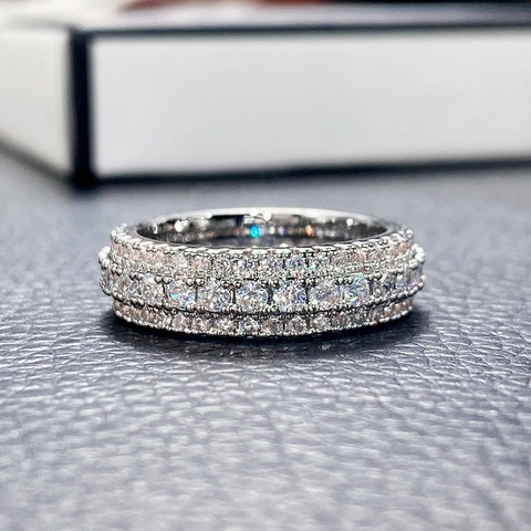 Luxury Multi Row Pavé Cubic Zirconia Eternity Band Ring Copper Plated White Gold Jewelry For Men And Women