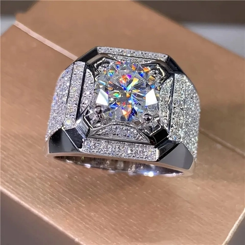 Luxury Men Large Square Zirconia Ring Copper Inlaid Shiny Business Jewelry Gold White Gold Full Rhinestone Engagement Wedding Band