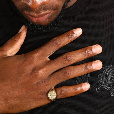 Bague Homme Hip Hop en Cuivre Plaqué Or Avec Pavé de Strass Style Sceau Design Feuille d'Érable Croix Creuse Bijoux de Rue