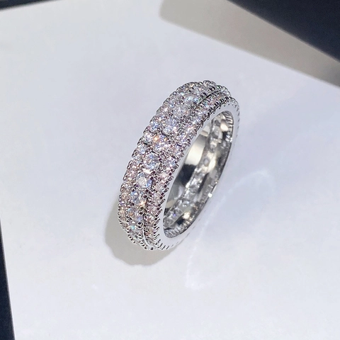 Luxury Multi Row Pavé Cubic Zirconia Eternity Band Ring Copper Plated White Gold Jewelry For Men And Women