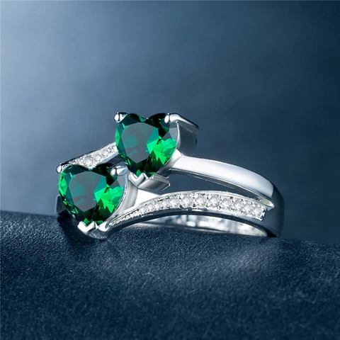 Anello Doppio Cuore Rame Placcato Argento Zirconia Romantico Fidanzamento Gioielli Regalo Per Donne
