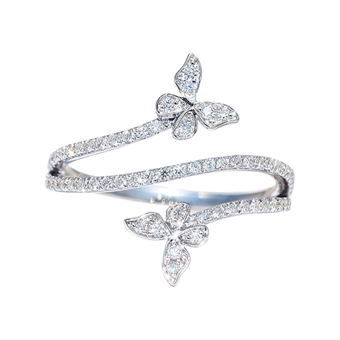 Luxus Kupfer Zirkonia Doppel Schmetterling Offener Ring Für Damen Eleganter Spiral Eingelegter Glänzender Fingerring Schmuck