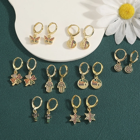 Fashion Gold Plated Copper Hoop Earrings For Women Colorful Zirconia Butterfly Star Cross Heart Clover Pendant Drop Earrings