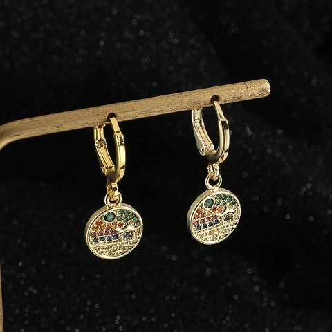 Fashion Gold Plated Copper Hoop Earrings For Women Colorful Zirconia Butterfly Star Cross Heart Clover Pendant Drop Earrings