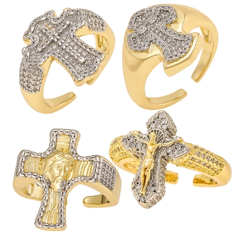 Anillo de Jesús Cruz de Cobre Circonia Anillo Abierto Ajustable Crucifijo Religioso Chapado en Oro Plata Joyería de Moda Regalo Mujer
