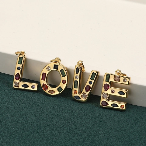 Colgante Letra Inicial Alfabeto Inglés 26 Piezas Cobre Chapado En Oro Zirconia Colorida Para Creación De Joyas DIY