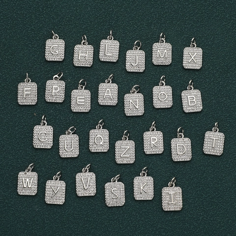 Luxury Copper Zirconia 26 English Alphabet Initial Pendant Square Shape Silver Tone Charm Jewelry Accessory For Women