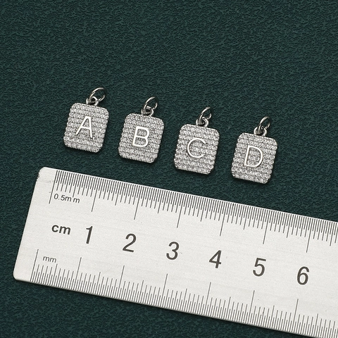 Luxury Copper Zirconia 26 English Alphabet Initial Pendant Square Shape Silver Tone Charm Jewelry Accessory For Women