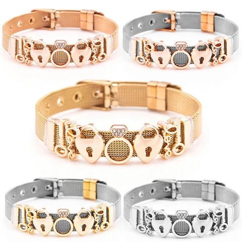 Stainless Steel Mesh Bracelet Women Charm Heart Lock Key Love Pendant Adjustable Watch Band Style Fashion Jewelry