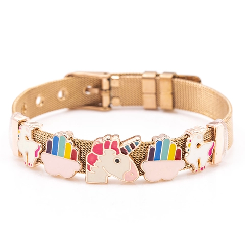 Unicorn Mesh Strap Bracelet Stainless Steel Adjustable Colorful Enamel Charms Rainbow Cloud Jewelry For Kids Women Gift