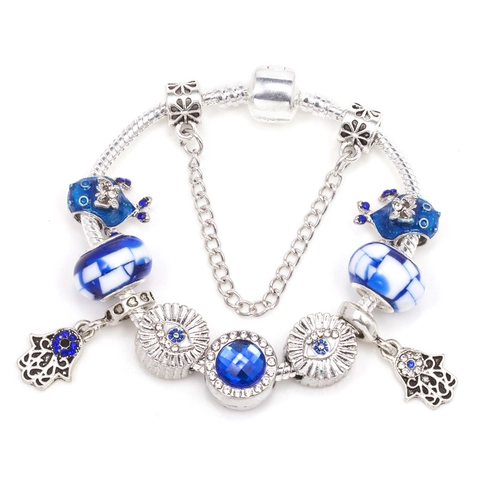 European Style Alloy Charm Bracelet With Blue Glass Beads And Rhinestone Evil Eye Hamsa Hand Pendants Fashion Women Jewelry Gift