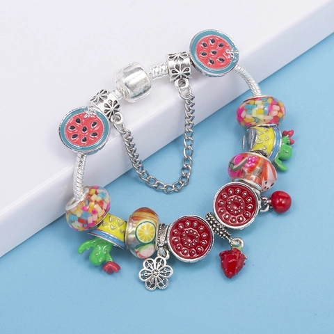 Cartoon DIY Fruit Charm Bracelet For Women Girls Silver Plated Snake Chain Watermelon Strawberry Enamel Beads Fashion Jewelry Gift