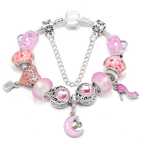 Braccialetto Charm con Perline Rosa Moda Donna Catena a Serpente in Lega Pendenti a Cuore Borsa Luna Tacchi Alti Gioielli Romantici Regalo DIY