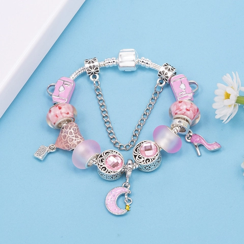 Braccialetto Charm con Perline Rosa Moda Donna Catena a Serpente in Lega Pendenti a Cuore Borsa Luna Tacchi Alti Gioielli Romantici Regalo DIY