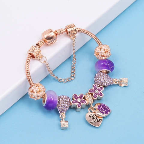 Charm Armband Für Damen Roségold Lila Glasperlen Emaille Blumen Herzanhänger Schlangenkette Schmuck Geschenk