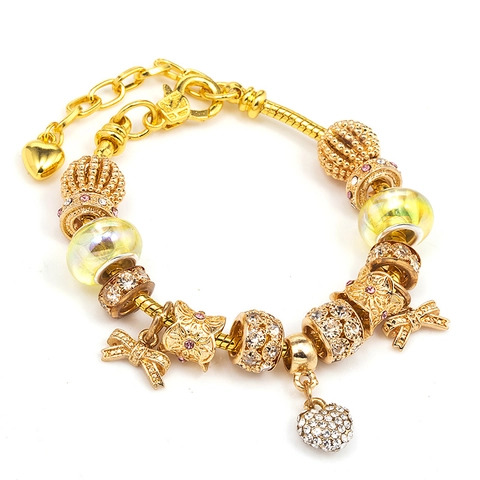 Golden Alloy Beaded Charm Bracelet Heart Rhinestone Pendant Bow Decor Adjustable Snake Chain Fashion Jewelry Women Gift