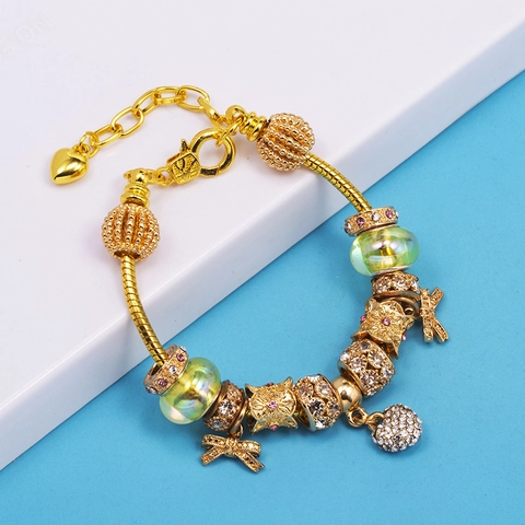 Golden Alloy Beaded Charm Bracelet Heart Rhinestone Pendant Bow Decor Adjustable Snake Chain Fashion Jewelry Women Gift