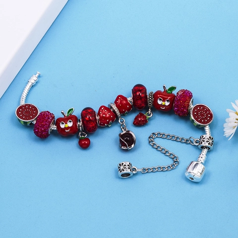 Red Crystal Fruit Charm Bracelet For Women DIY Snake Chain Bracelet With Apple Strawberry Heart Enamel Beads Alloy Jewelry
