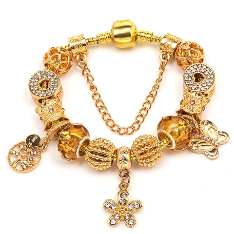 Gold Platinierte Legierung Baum des Lebens Charme Armband Für Damen Mit Bernstein Glasperlen Schmetterling Herz Blume Schmuck