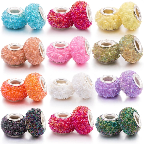 Colorful Plated Rose Flower Barrel Beads Resin Large Hole Beads For DIY Bracelet Necklace Jewelry Making Handmade Crafts Charm