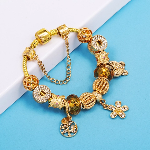 Gold Platinierte Legierung Baum des Lebens Charme Armband Für Damen Mit Bernstein Glasperlen Schmetterling Herz Blume Schmuck