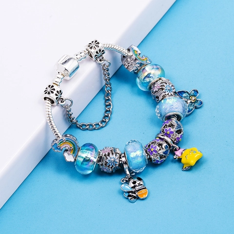 Cartoon Bee Butterfly Rainbow Charms Bracelet For Women Girls Silver Plated Snake Chain Glass Beads Enamel Jewelry Gift