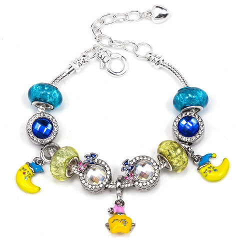 Europäisches Silber Legierung Stern Mond Charm Perlenarmband Blau Gelb Glasperlen Strass Herz Schlangenkette Armband Für Damen Geschenk