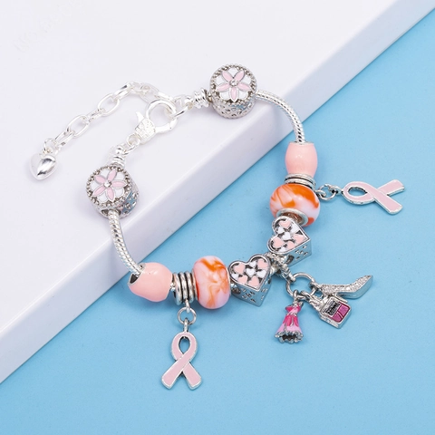 Pink Charm Bracelet Alloy Snake Chain Heart Perfume Bottle High Heel Dress Pendants For Women Girls Fashion Jewelry Gift
