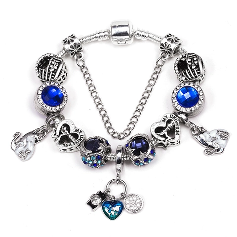 Europäischer Stil Perlen Charme Armband Legierung Blau Strass Herz Anhänger Schlangenkette Mode Schmuck Geschenk Für Damen