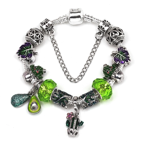 DIY Charm Armband Schlangenkette Mit Avocado Kaktus Blatt Anhängern Versilberte Emaille Perlen Modeschmuck Damen Geschenk