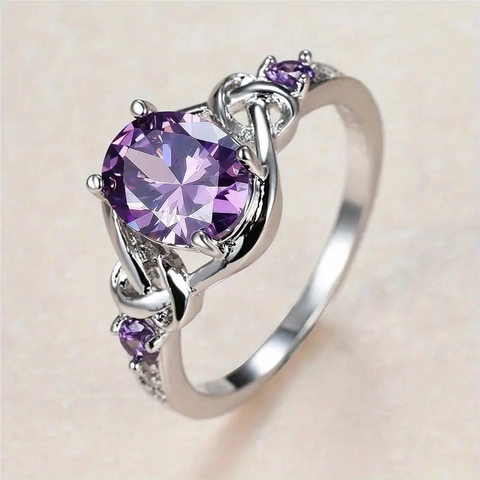 Anello Zirconia Cubica Viola Ovale Rame Intarsiato Fascia Intrecciata Stile Principessa Gioielli Eleganti Regalo Donna