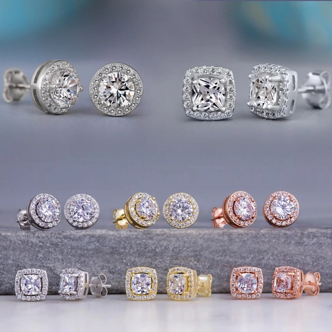 Pendientes De Botón Cobre Circonita Diseño Halo Clásico Forma Redonda Cuadrada Brillante Joyería Elegante Para Mujer