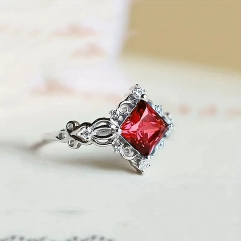 Vintage Copper Ring With Princess Square Cut Zircon Hollow Out Filigree Palace Style Jewelry For Women