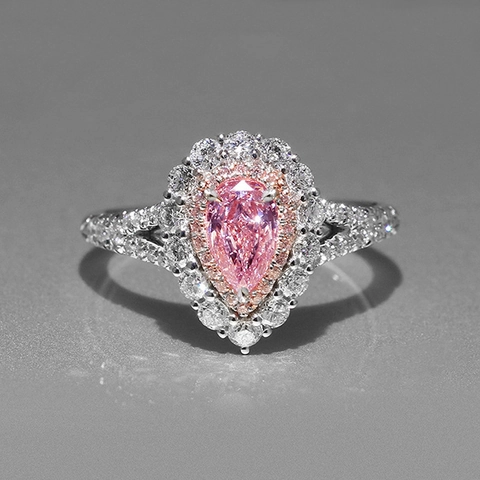 Luxury Teardrop Ring Copper Pink Cubic Zirconia Double Halo Split Shank Elegant Fashion Jewelry For Women Gift