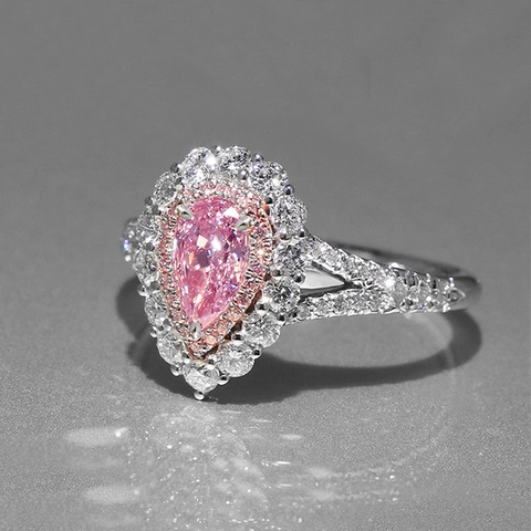 Luxury Teardrop Ring Copper Pink Cubic Zirconia Double Halo Split Shank Elegant Fashion Jewelry For Women Gift