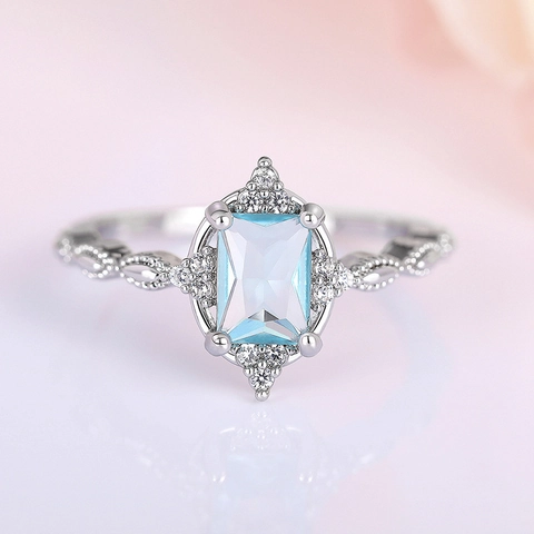 Vintage Princess Ring Copper With Rectangular Light Blue Zircon Cubic Zirconia Accents Woven Band Elegant Women Jewelry