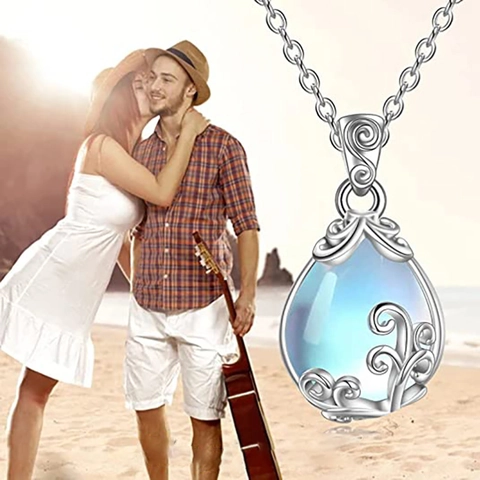 Teardrop Pendant Necklace Vintage Filigree Vine Copper With Imitation Moonstone Boho Jewelry For Women