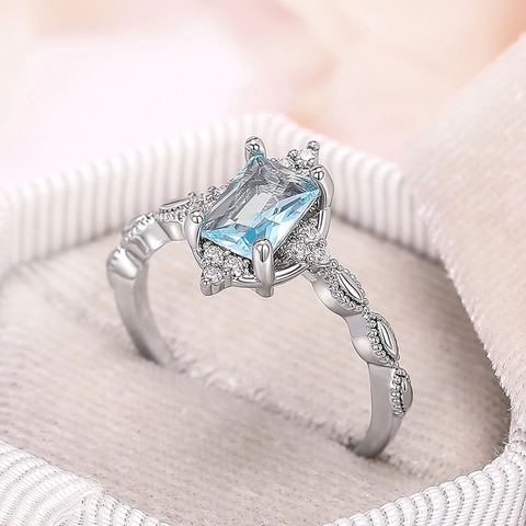 Vintage Princess Ring Copper With Rectangular Light Blue Zircon Cubic Zirconia Accents Woven Band Elegant Women Jewelry