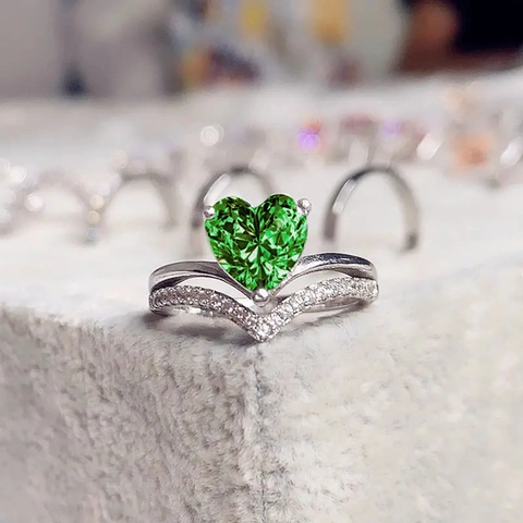 Heart Shaped Zircon Ring Copper Luxury V-Shaped Double Layer Band Micro Pave Jewelry Gift For Women