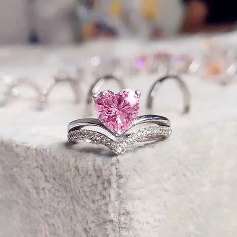 Heart Shaped Zircon Ring Copper Luxury V-Shaped Double Layer Band Micro Pave Jewelry Gift For Women