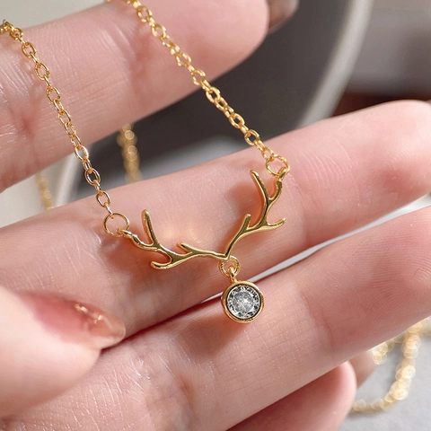 Antler Pendant Necklace Copper With Zircon Simple Minimalist Christmas Jewelry For Women Gift