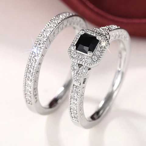 Bague En Cuivre Zircone Noire Carrée Coupe Princesse Luxe Halo CZ Mariée Fiançailles Mariage Bijoux Bagues Pour Femmes