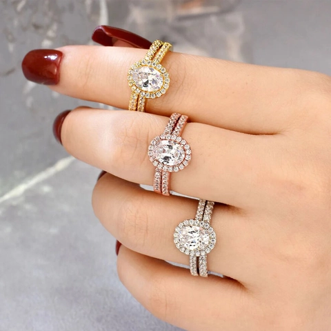Oval Zircon Ring And Matching Band Copper Halo Engagement Wedding Rings For Women Plated Fashion Luxury Geometric Jewelry