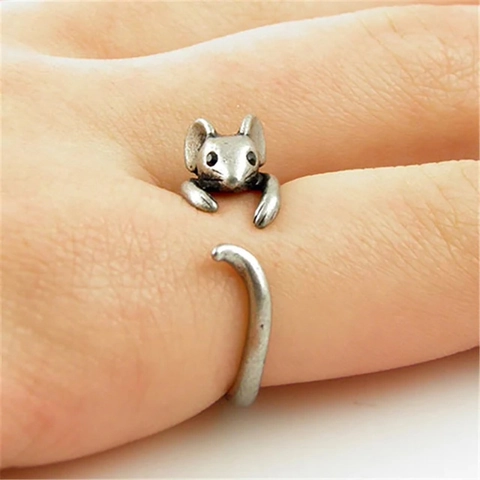 Vintage Mouse Open Adjustable Ring For Women Antique Copper Realistic Rat Animal Wrap Around Finger Jewelry Cute Retro