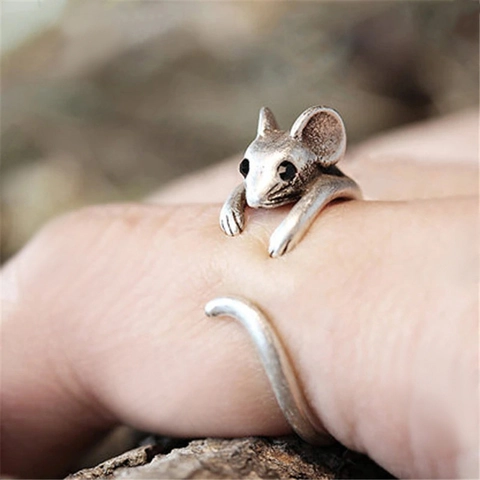 Vintage Mouse Open Adjustable Ring For Women Antique Copper Realistic Rat Animal Wrap Around Finger Jewelry Cute Retro