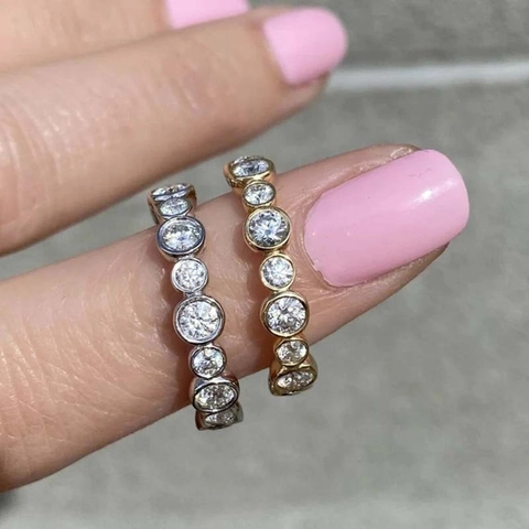 Copper Zircon Eternity Ring Bezel Setting Round Sparkling Stone Minimalist Elegant Daily Jewelry For Women