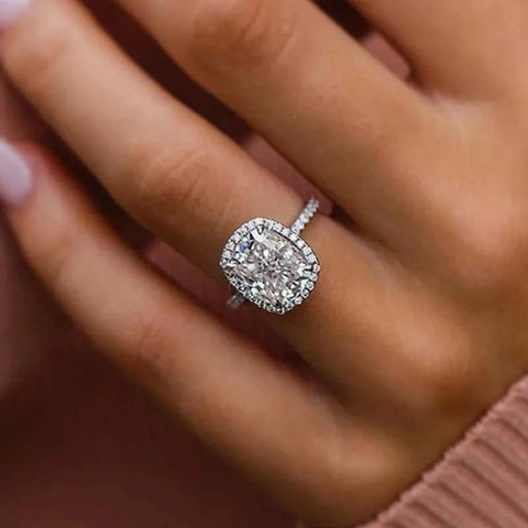 Elegant Cushion Cut Zircon Ring For Women White Gold Plated Copper Halo Pave Engagement Wedding Jewelry